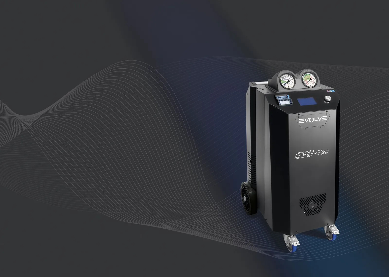 Stazione di ricarica A/C EVO-Tec di EVOLVE, vista completa del carrello con manometri, display e ruote industriali